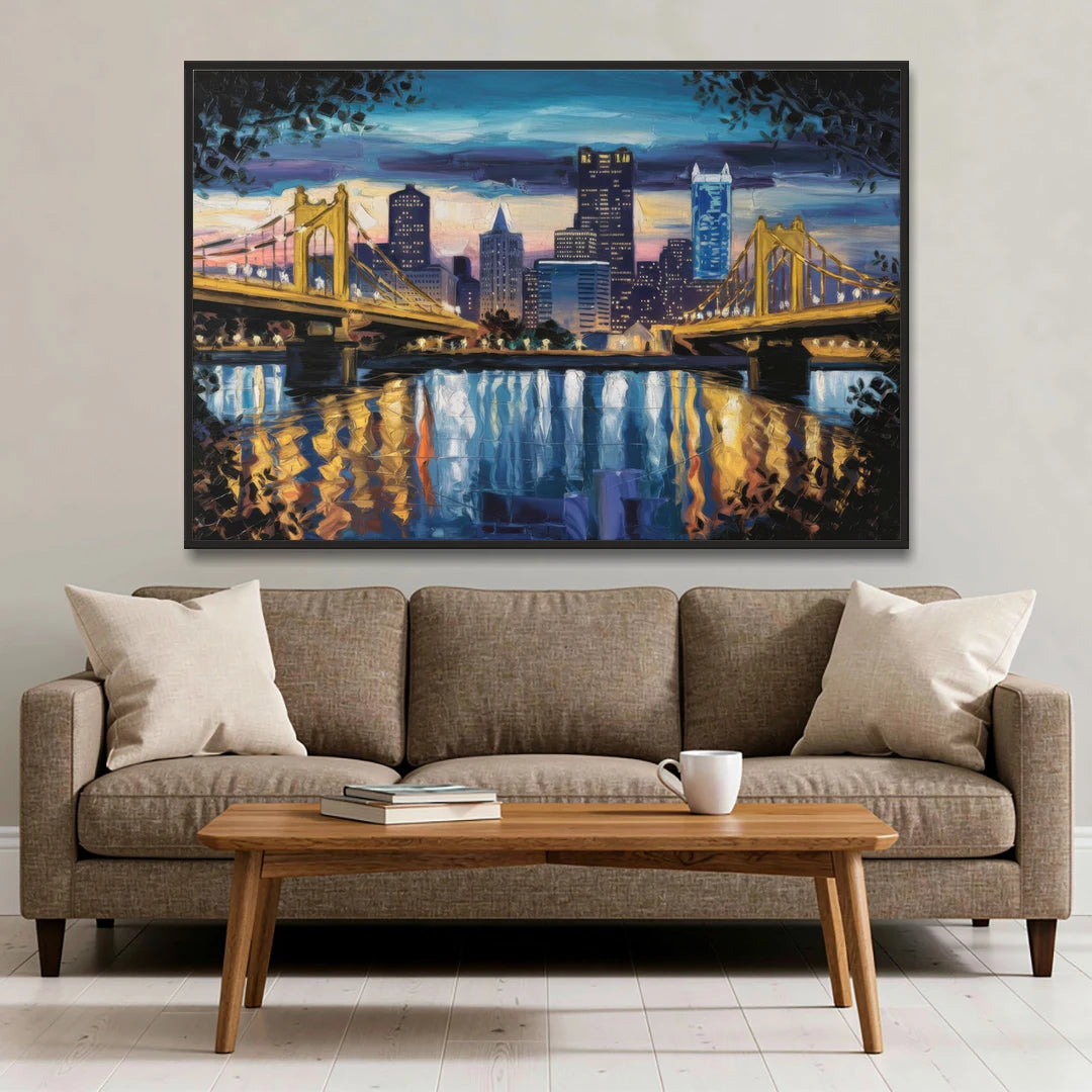 Pittsburgh Downtown Lights at Night - Black Framed Canvas Wall Art - Sofa - 60x40