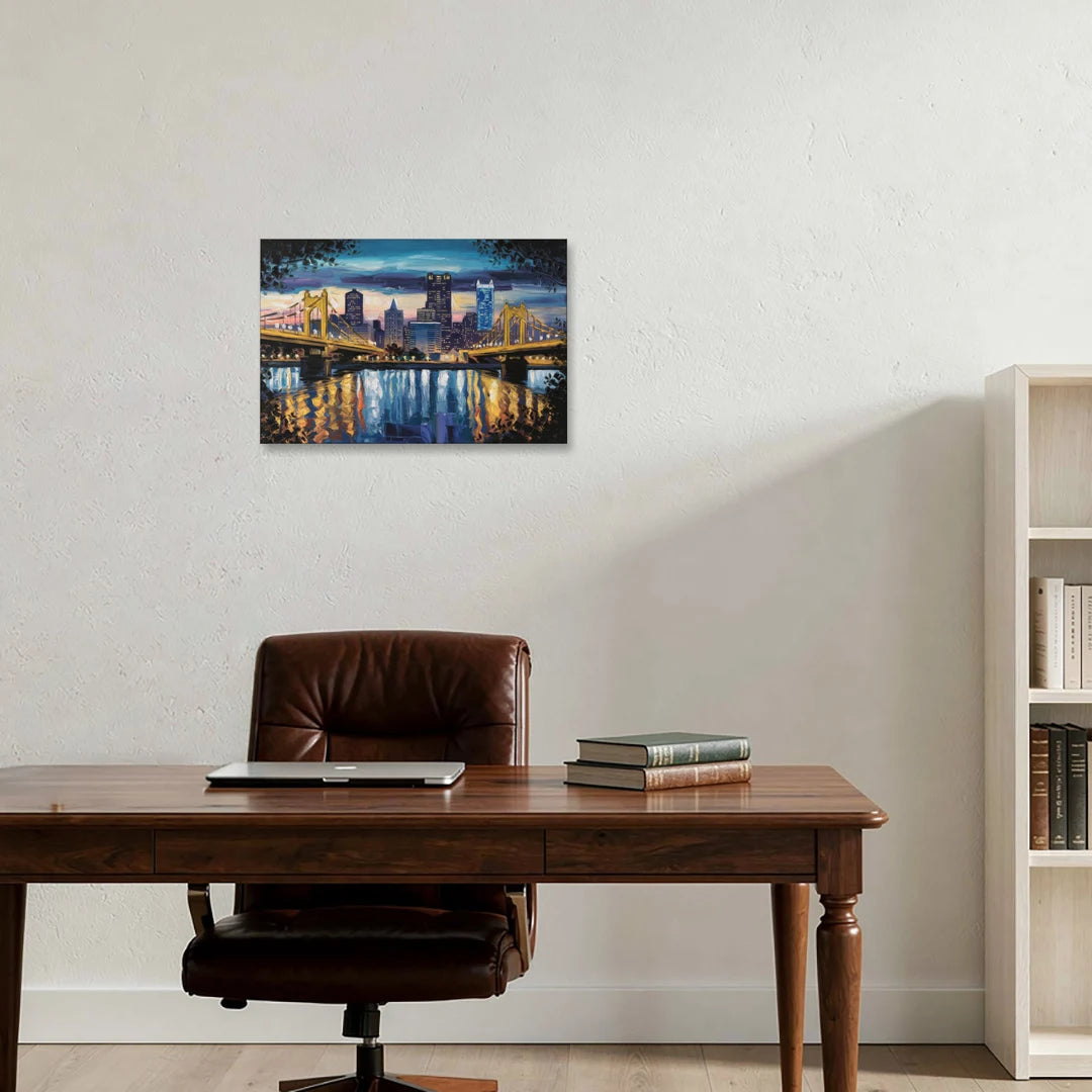 Pittsburgh Downtown Lights at Night - Canvas Wall Art - Office - 24x16