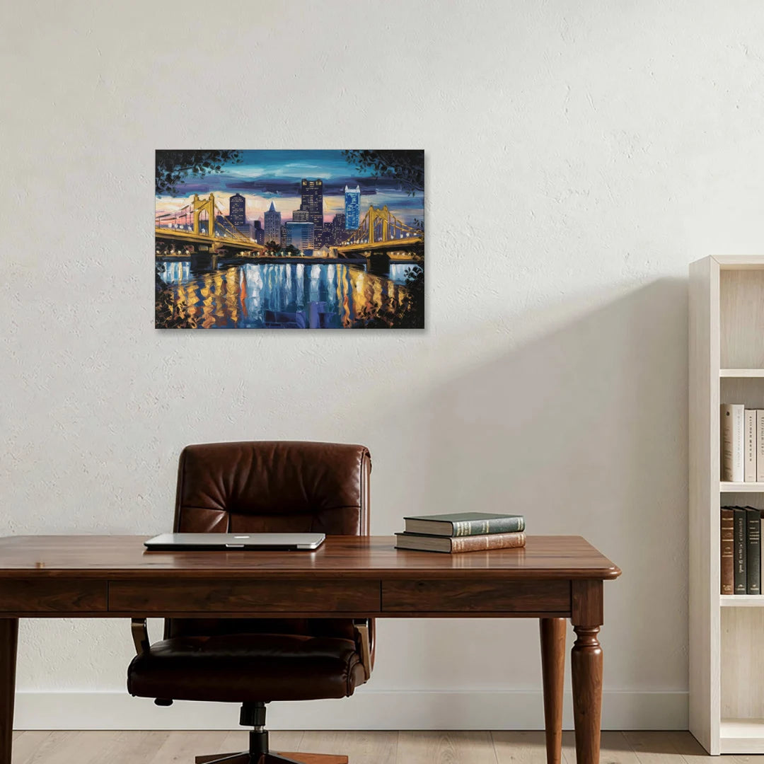 Pittsburgh Downtown Lights at Night - Canvas Wall Art - Office - 30x20