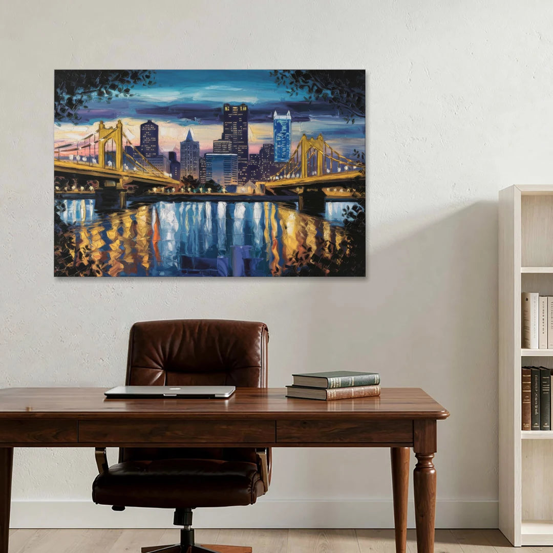 Pittsburgh Downtown Lights at Night - Canvas Wall Art - Office - 48x32