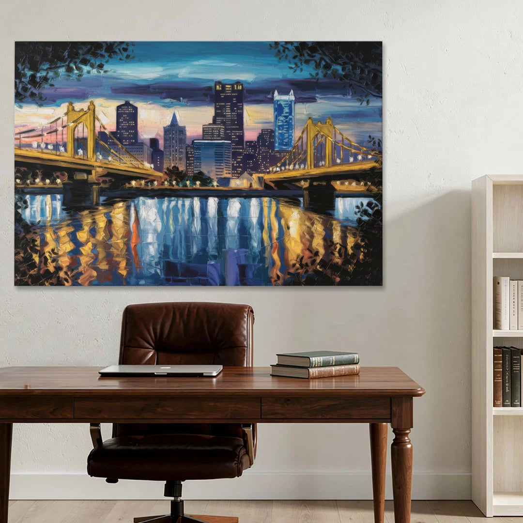 Pittsburgh Downtown Lights at Night - Canvas Wall Art - Office - 60x40