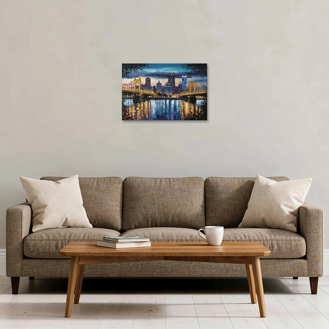 Pittsburgh Downtown Lights at Night - Canvas Wall Art - Sofa - 24x16
