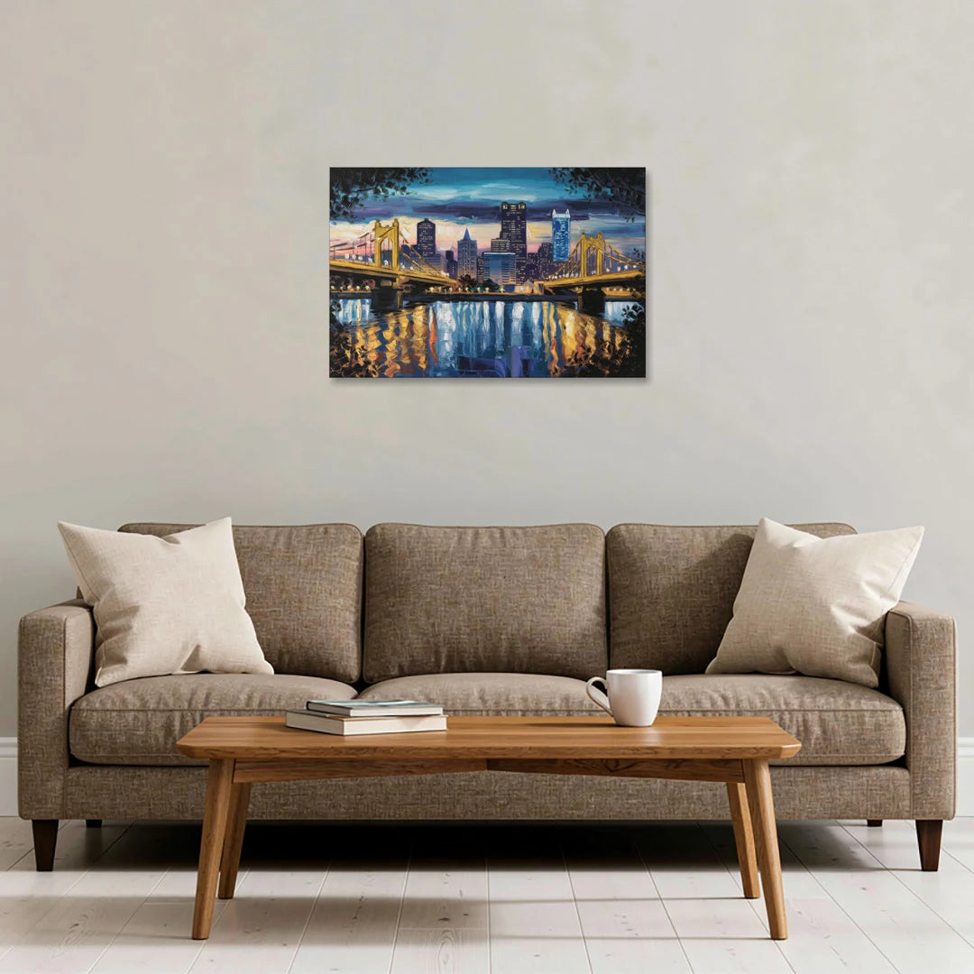 Pittsburgh Downtown Lights at Night - Canvas Wall Art - Sofa - 30x20