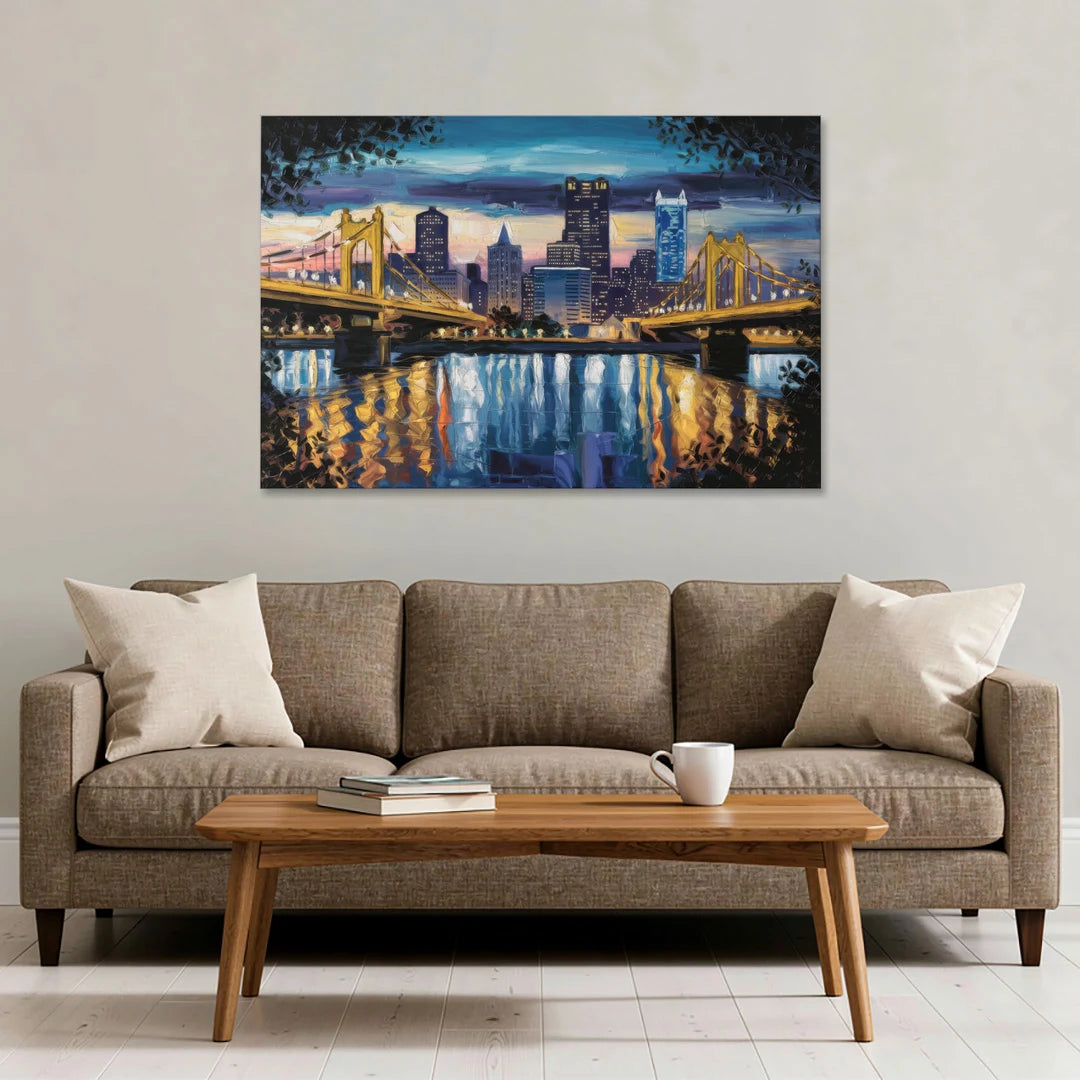 Pittsburgh Downtown Lights at Night - Canvas Wall Art - Sofa - 48x32