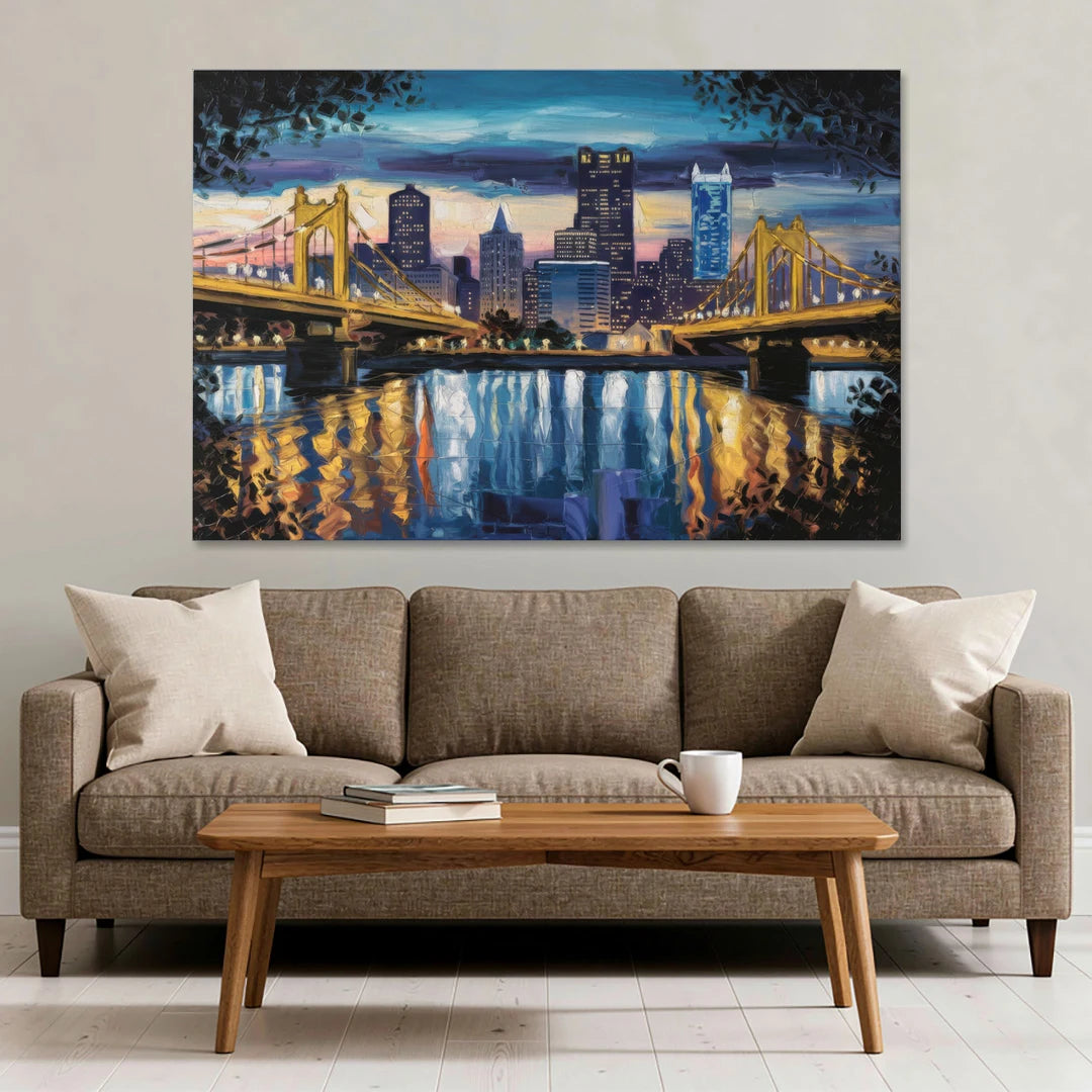 Pittsburgh Downtown Lights at Night - Canvas Wall Art - Sofa - 60x40