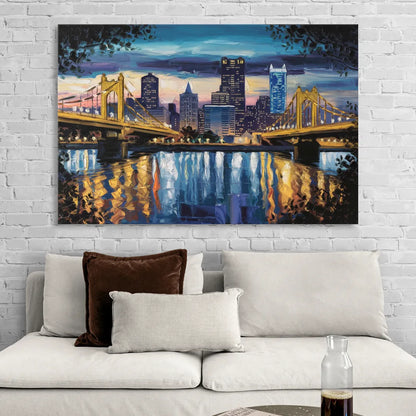 Pittsburgh Downtown Lights at Night Living Room - Canvas Wall Art