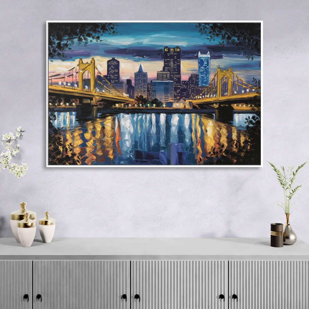 Pittsburgh Downtown Lights at Night Living Room - White Canvas Wall Art