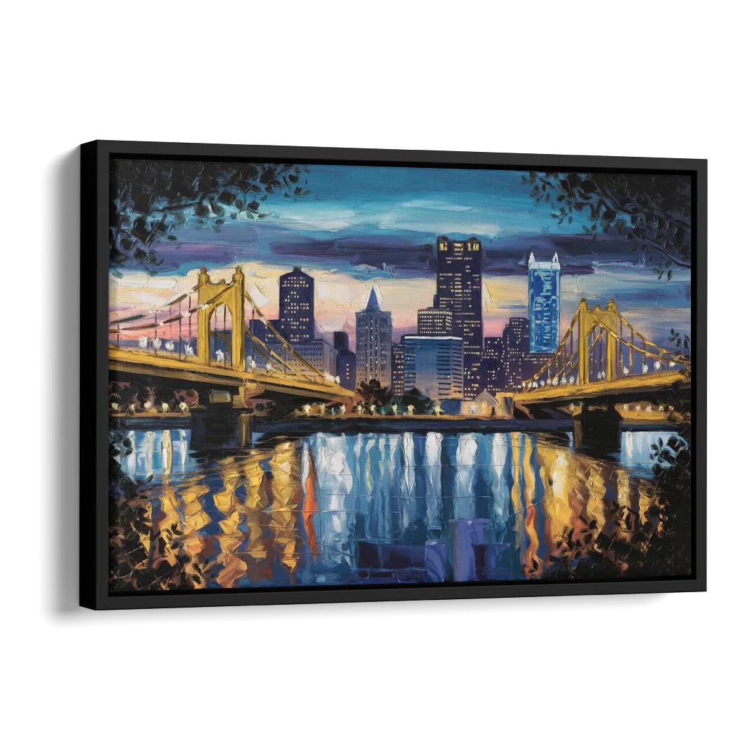 Pittsburgh Downtown Lights at Night Side - Black Canvas Wall Art