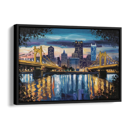 Pittsburgh Downtown Lights at Night Side - Black Canvas Wall Art