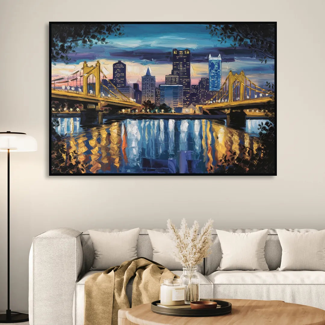 Pittsburgh Downtown Lights at Night Living Room - Black Canvas Wall Art