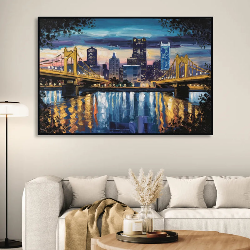Pittsburgh Downtown Lights at Night Living Room - Black Canvas Wall Art