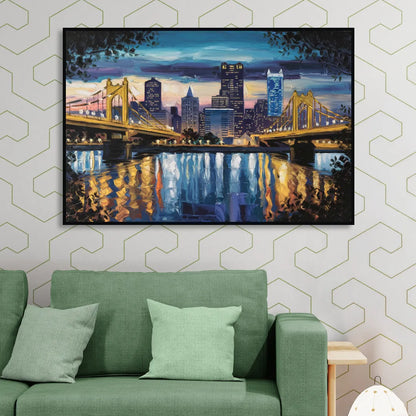 Pittsburgh Downtown Lights at Night Sitting Room - Black Canvas Wall Art