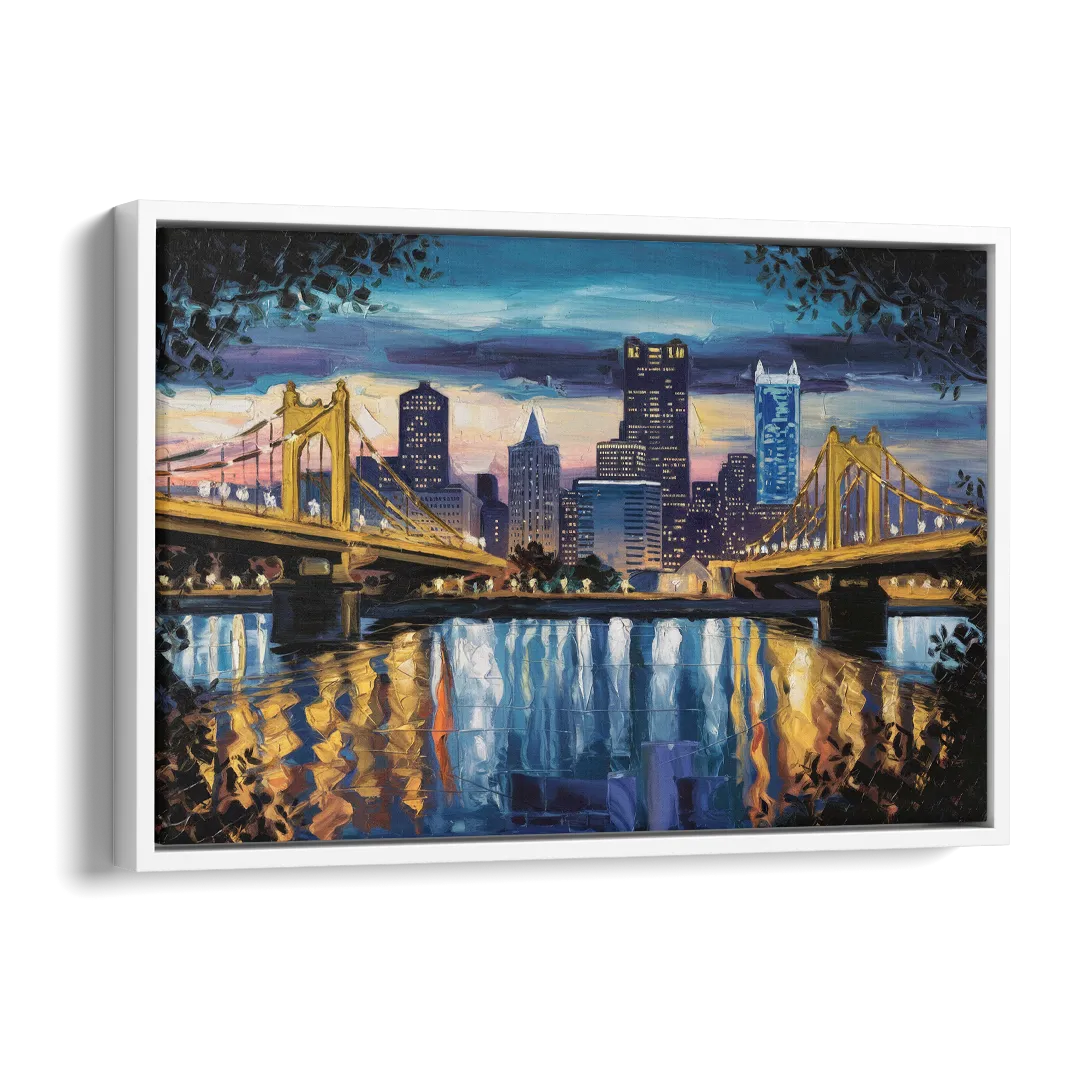 Pittsburgh Downtown Lights at Night Side - White Canvas Wall Art