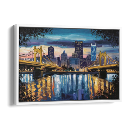 Pittsburgh Downtown Lights at Night Side - White Canvas Wall Art