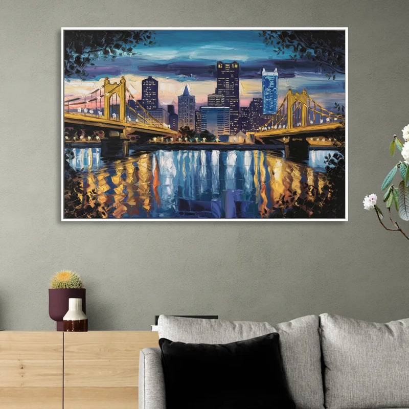 Pittsburgh Downtown Lights at Night Sitting Room - White Canvas Wall Art