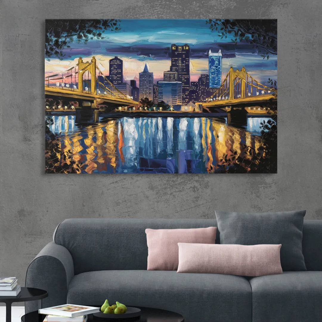 Pittsburgh Downtown Lights at Night Sitting Room - Canvas Wall Art