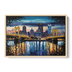 Pittsburgh Downtown Lights at Night - Oak Framed Canvas Wall Art - Front