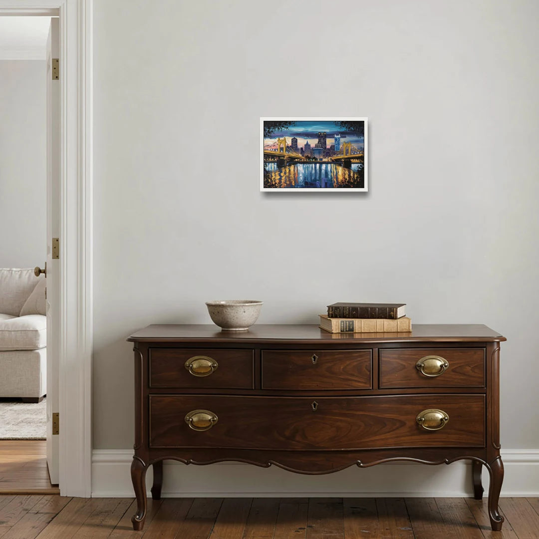 Pittsburgh Downtown Lights at Night - White Framed Canvas Wall Art - Coffee Table - 18x12