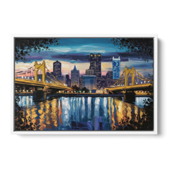 Pittsburgh Downtown Lights at Night - White Framed Canvas Wall Art - Front