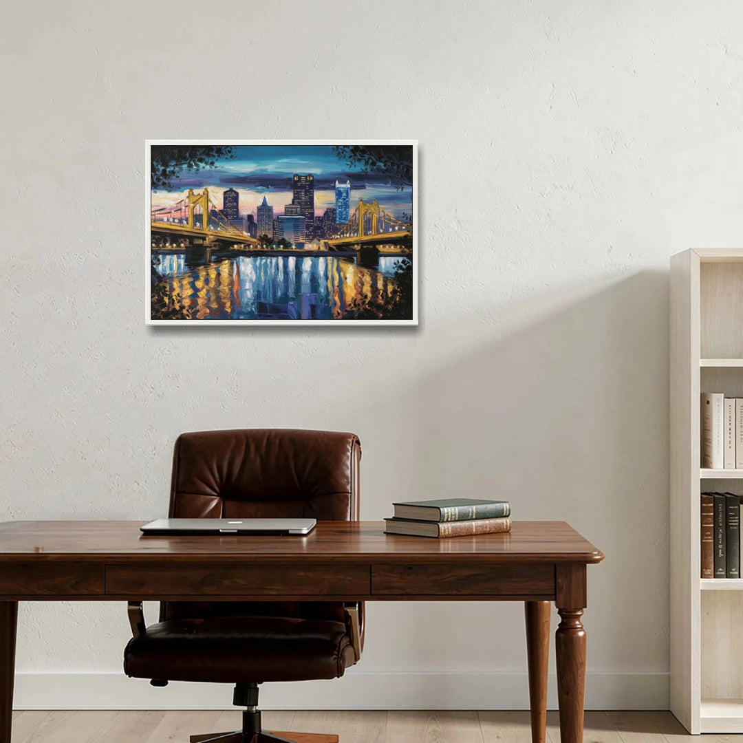 Pittsburgh Downtown Lights at Night - White Framed Canvas Wall Art - Office - 30x20