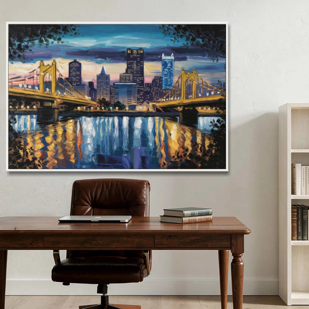 Pittsburgh Downtown Lights at Night - White Framed Canvas Wall Art - Office - 60x40
