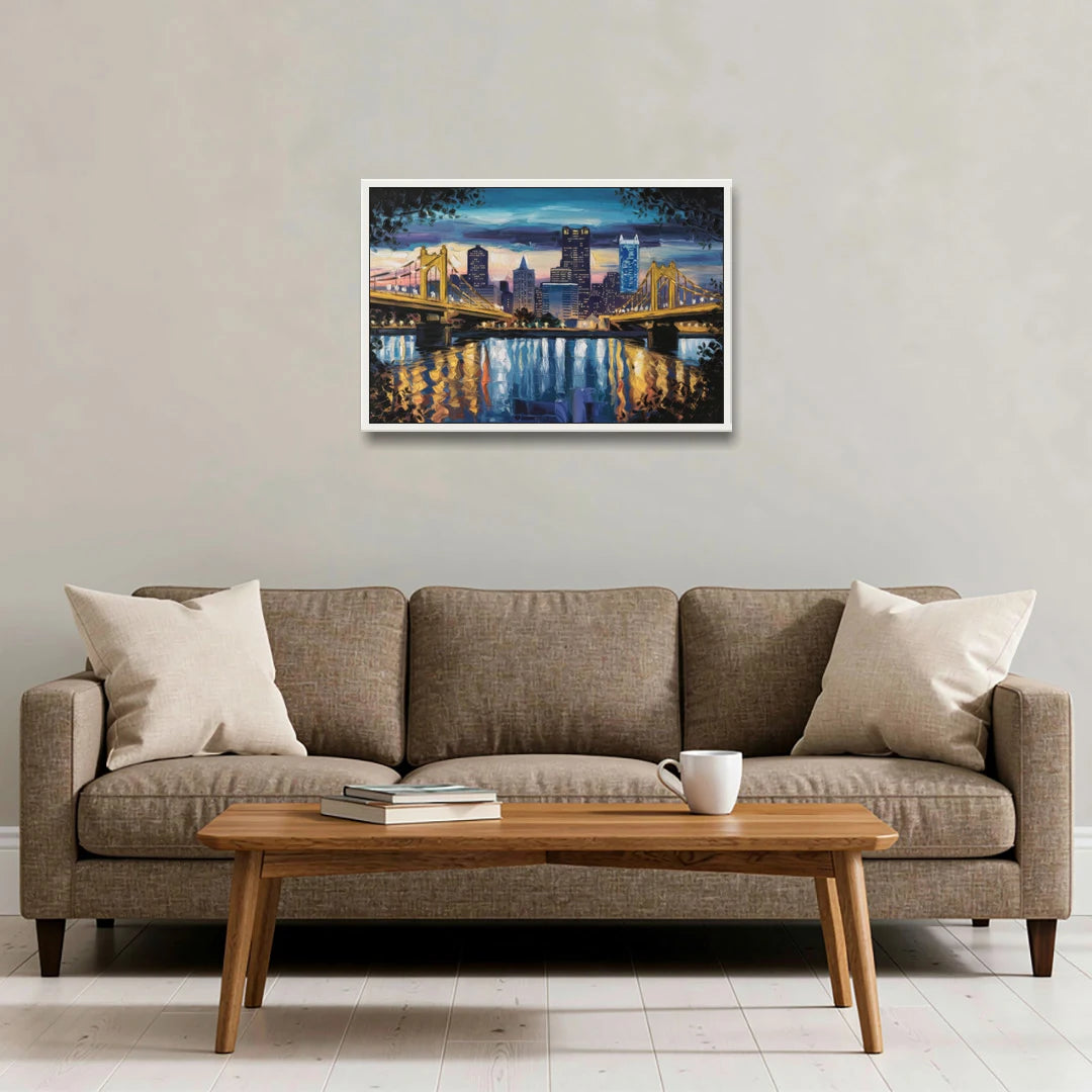 Pittsburgh Downtown Lights at Night - White Framed Canvas Wall Art - Sofa - 30x20