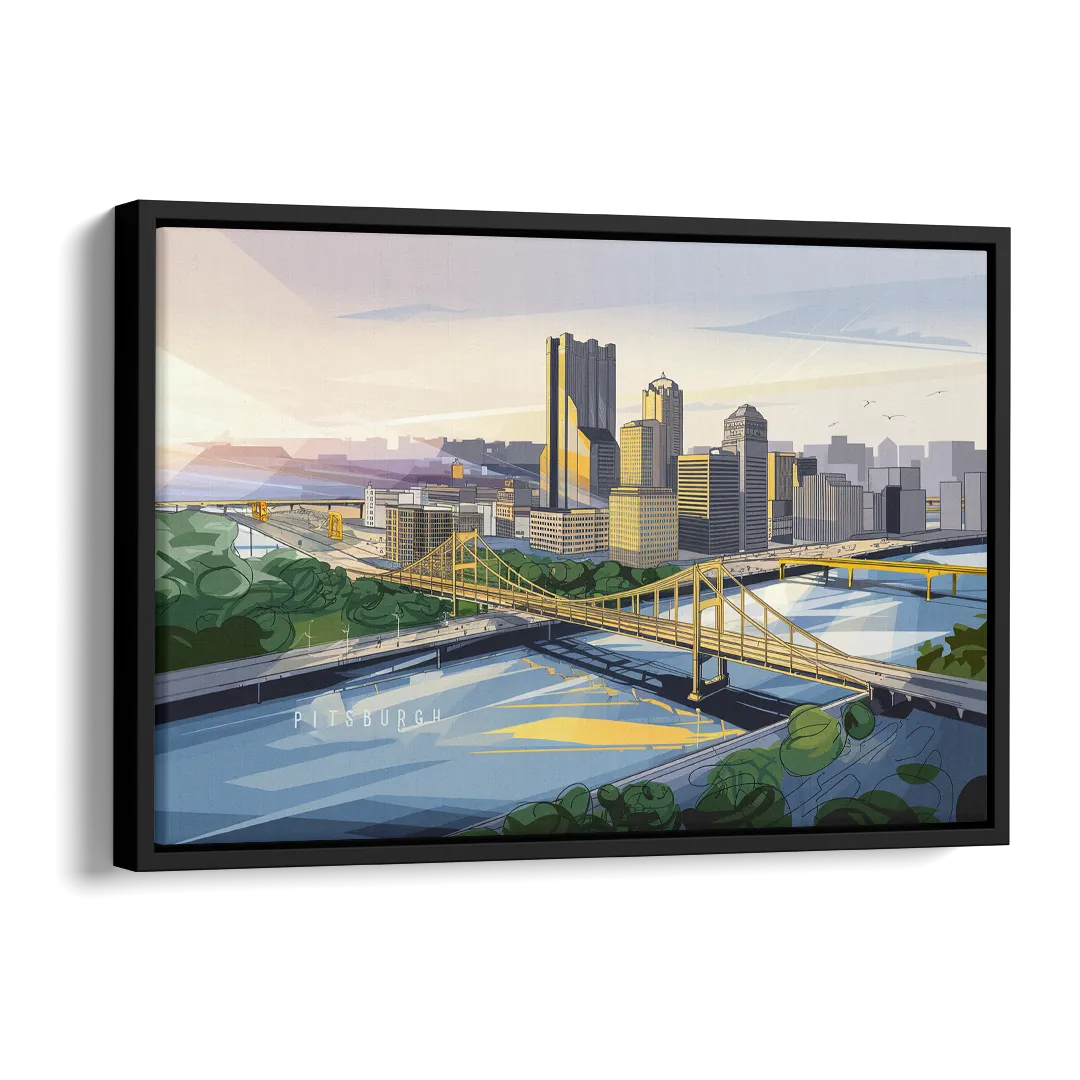 Pittsburgh Golden Triangle View Side - Black Canvas Wall Art