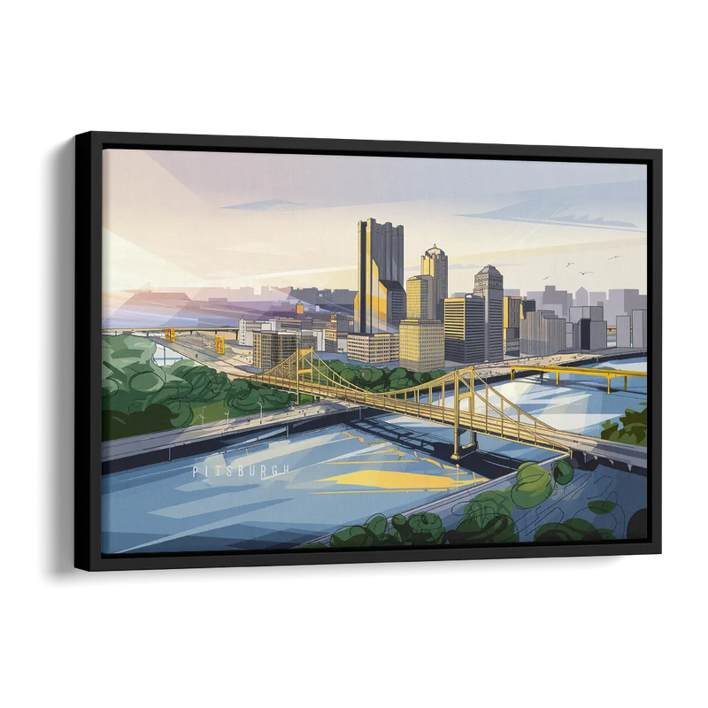 Pittsburgh Golden Triangle View Side - Black Canvas Wall Art