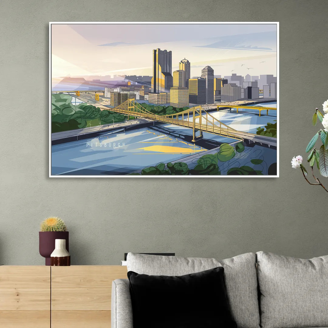 Pittsburgh Golden Triangle View Living Room - White Canvas Wall Art
