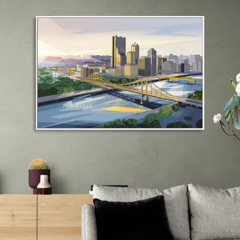 Pittsburgh Golden Triangle View Living Room - White Canvas Wall Art