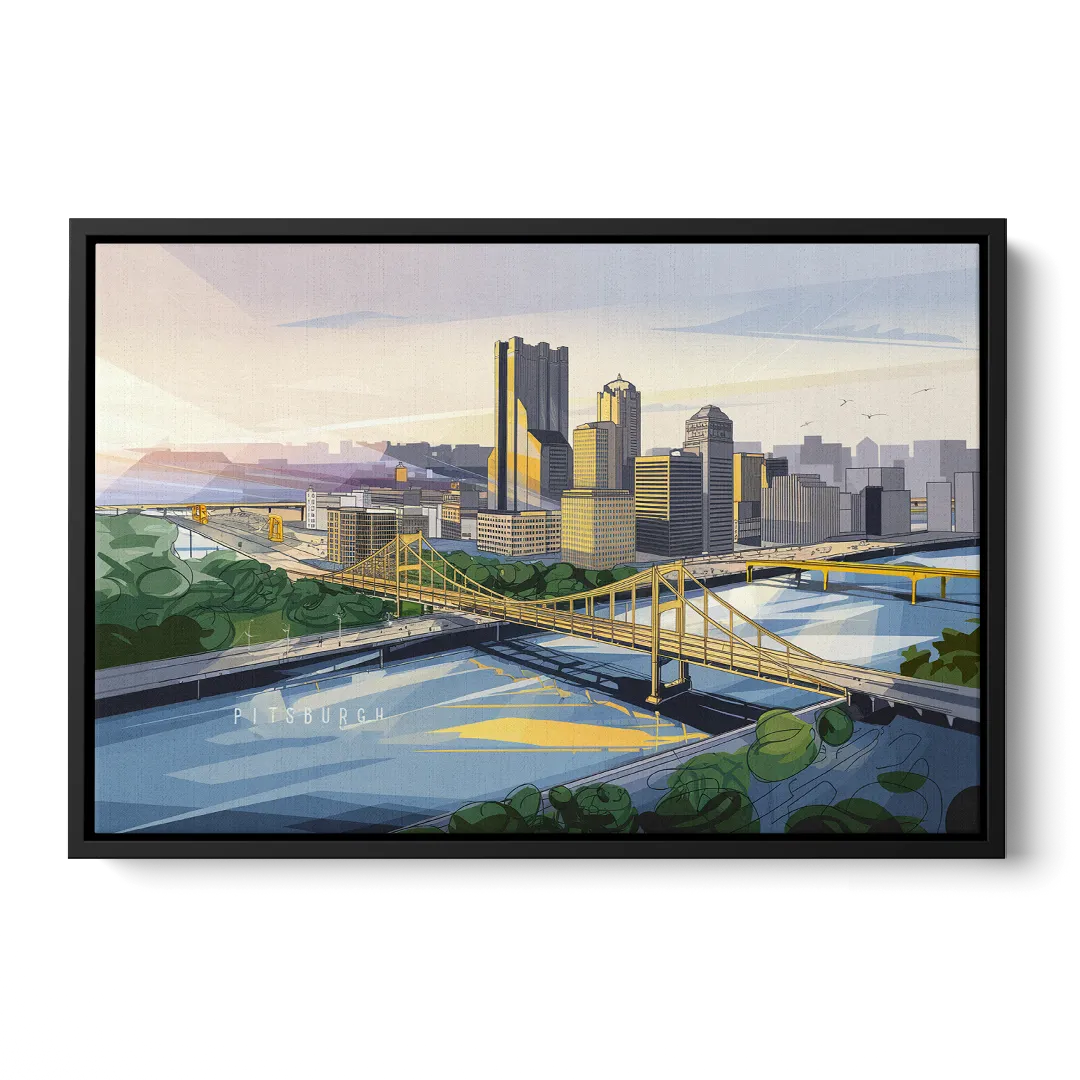Pittsburgh Golden Triangle View Front - Black Canvas Wall Art