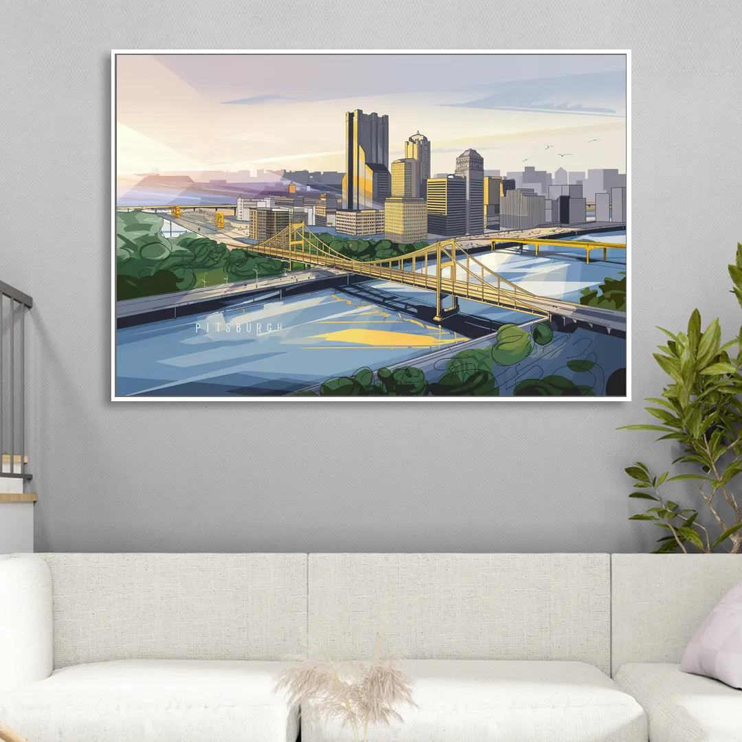 Pittsburgh Golden Triangle View Sitting Room - White Canvas Wall Art