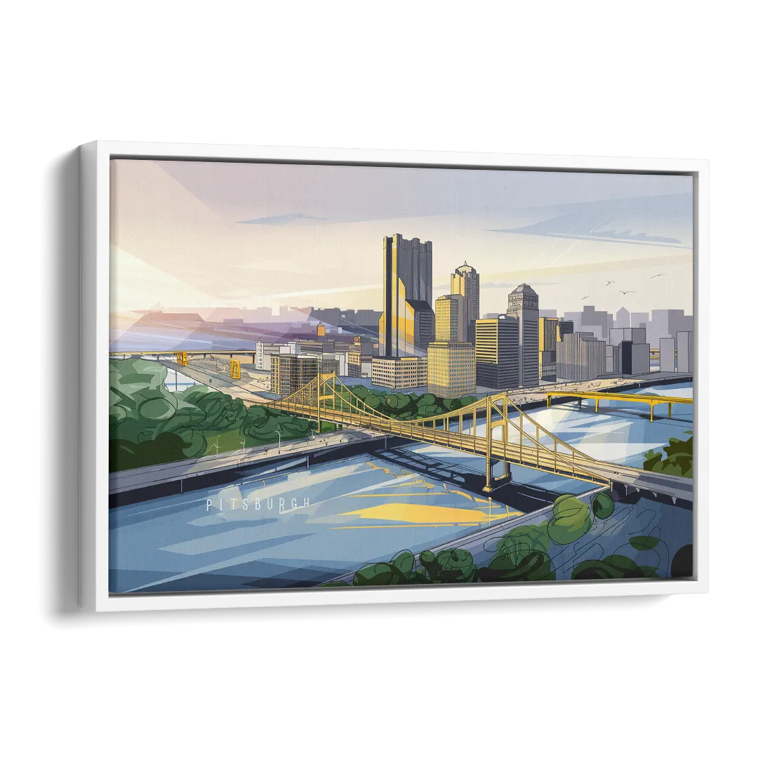 Pittsburgh Golden Triangle View Side - White Canvas Wall Art