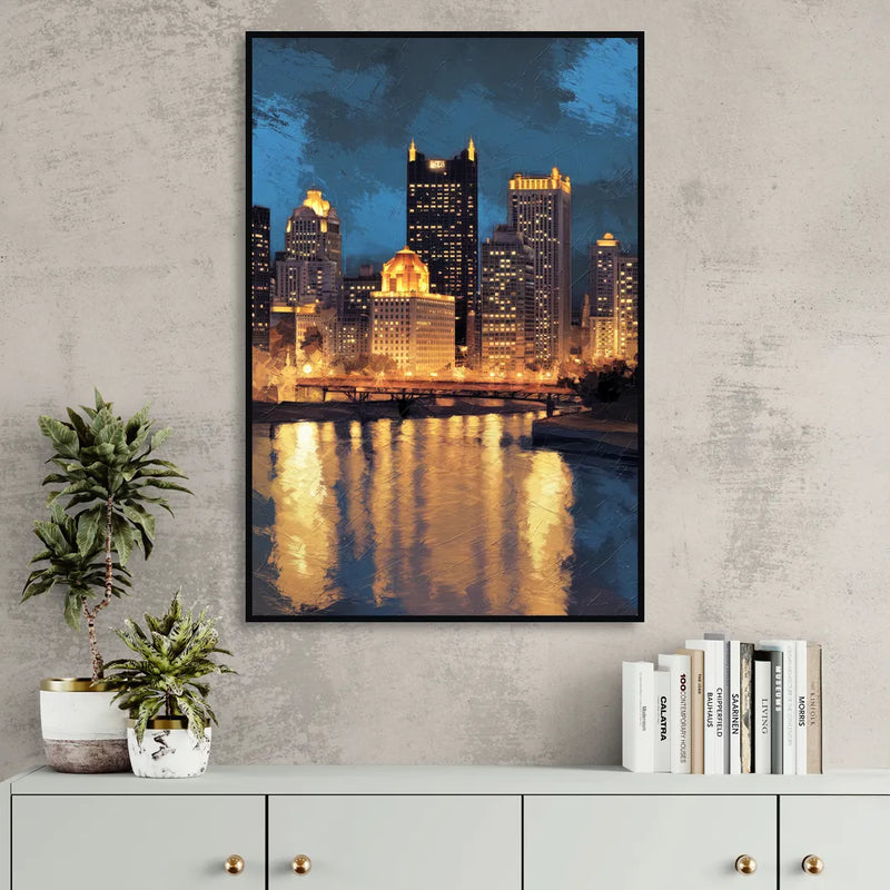 Pittsburgh Nighttime Glow Living Room - Black Canvas Wall Art