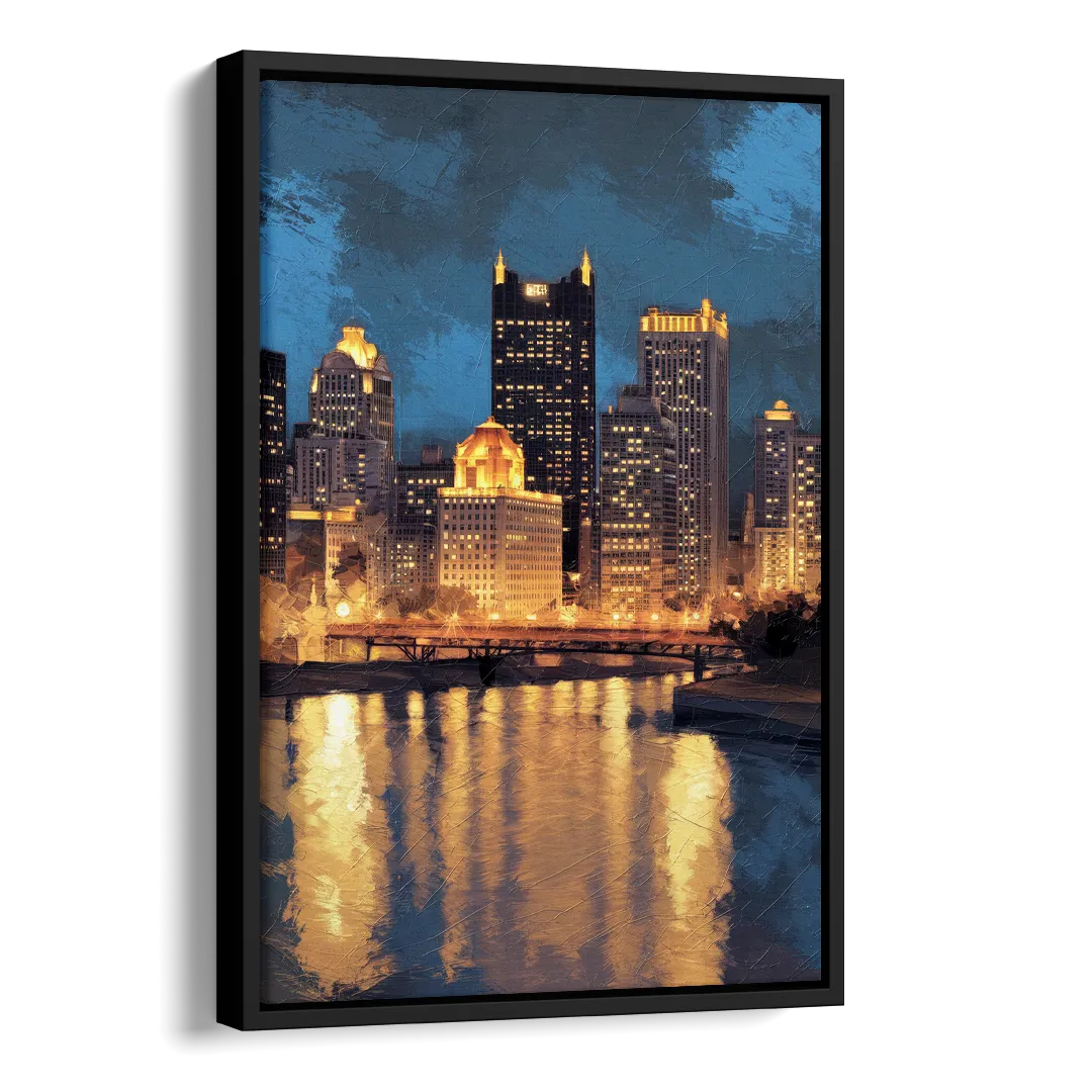 Pittsburgh Nighttime Glow Side - Black Canvas Wall Art