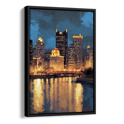 Pittsburgh Nighttime Glow Side - Black Canvas Wall Art