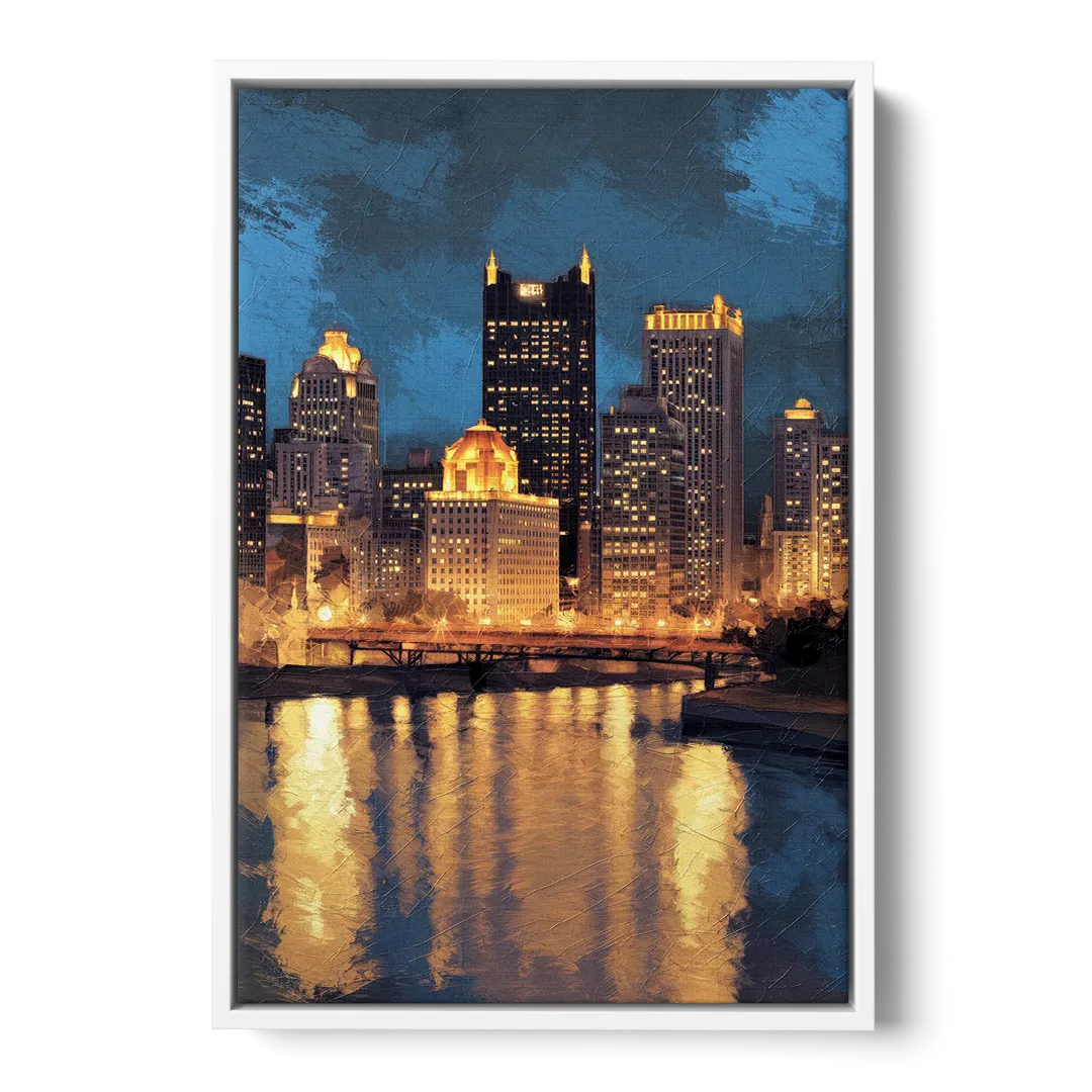 Pittsburgh Nighttime Glow Front - White Canvas Wall Art
