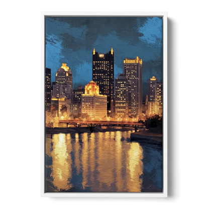 Pittsburgh Nighttime Glow Front - White Canvas Wall Art