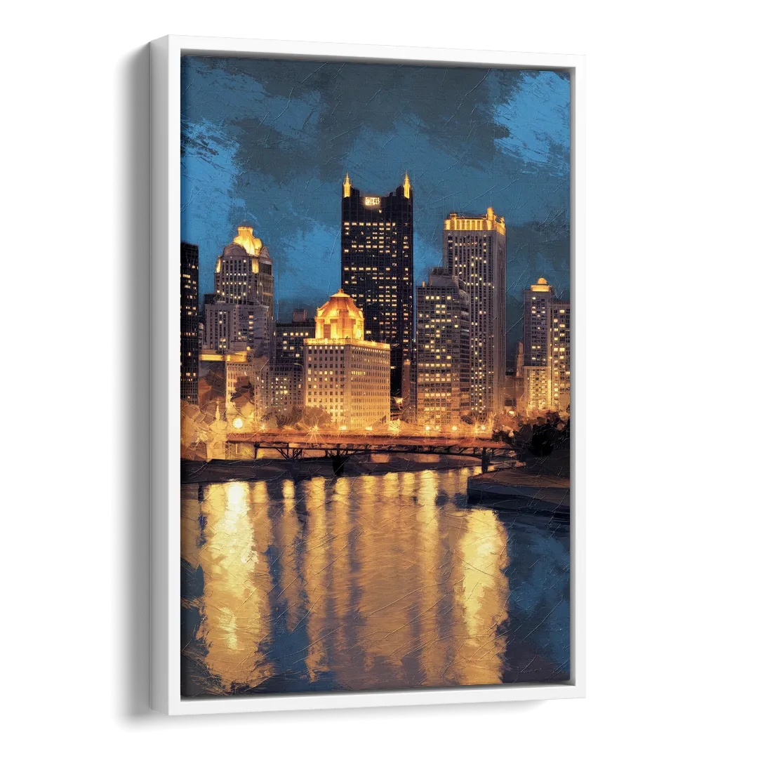 Pittsburgh Nighttime Glow Side - White Canvas Wall Art