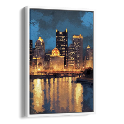 Pittsburgh Nighttime Glow Side - White Canvas Wall Art