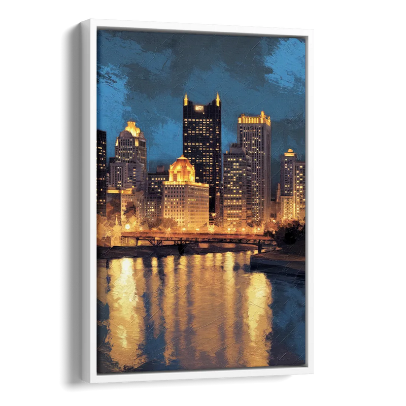 Pittsburgh Nighttime Glow Side - White Canvas Wall Art