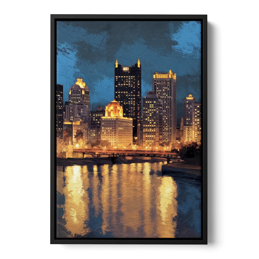 Pittsburgh Nighttime Glow Front - Black Canvas Wall Art