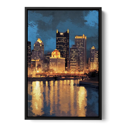 Pittsburgh Nighttime Glow Front - Black Canvas Wall Art