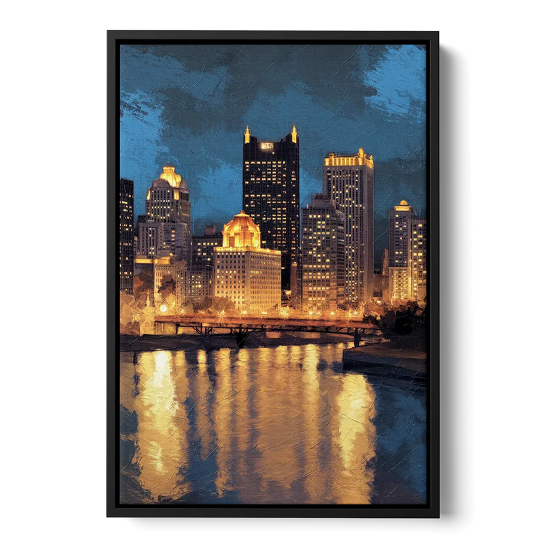 Pittsburgh Nighttime Glow Front - Black Canvas Wall Art