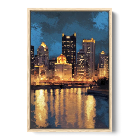 Pittsburgh Nighttime Glow - Oak Framed Canvas Wall Art - Front