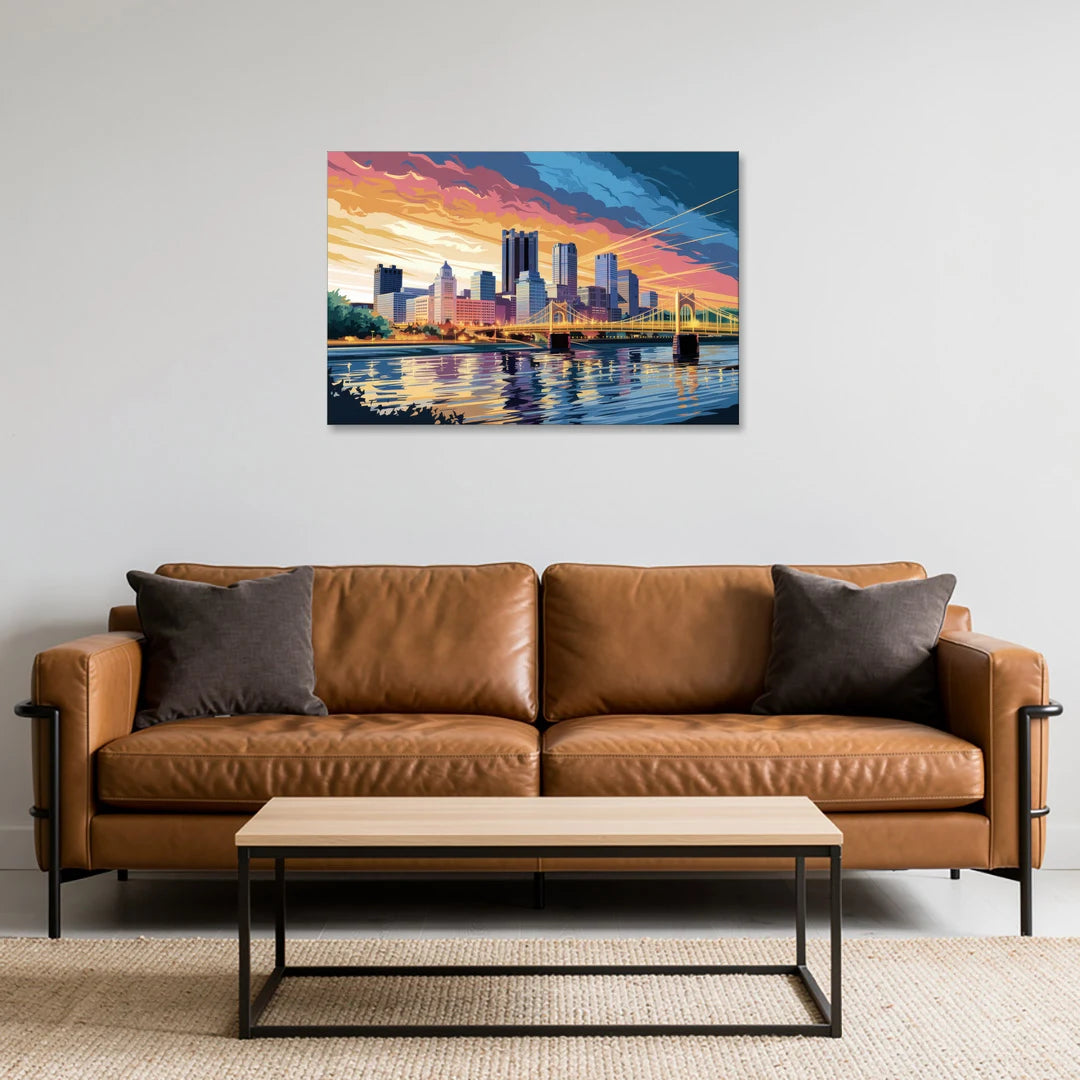 Pittsburgh Skyline At Sunset - Canvas Wall Art - Sofa - 36x24