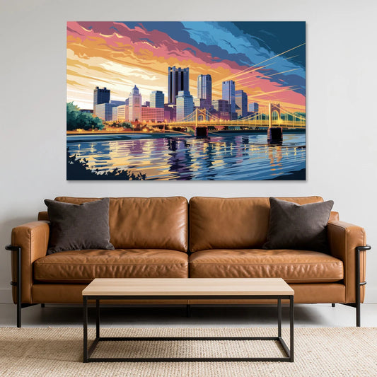 Pittsburgh Skyline At Sunset - Canvas Wall Art - Sofa - 60x40
