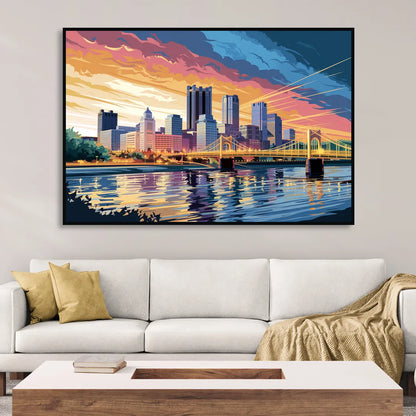 Pittsburgh Skyline At Sunset Sitting Room - Black Canvas Wall Art