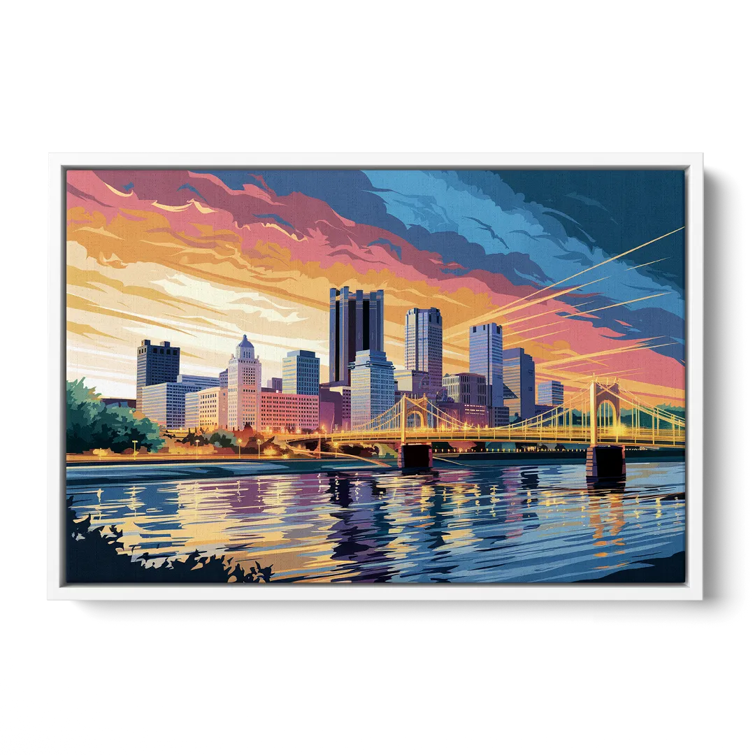 Pittsburgh Skyline At Sunset Front - White Canvas Wall Art