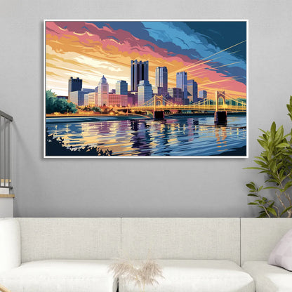 Pittsburgh Skyline At Sunset Living Room - White Canvas Wall Art